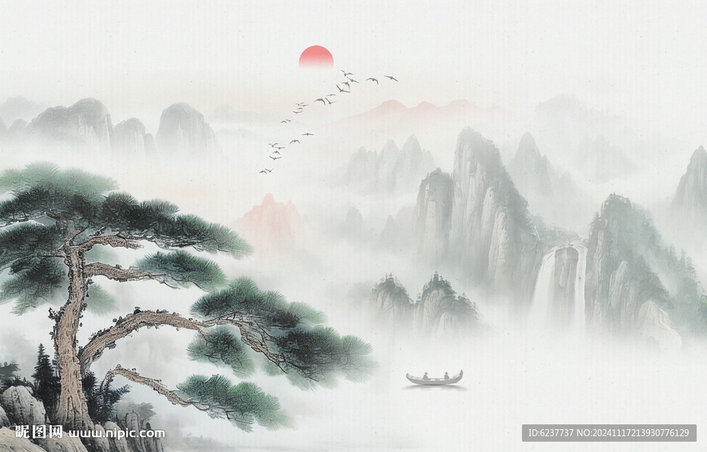 新中式迎客松背景墙