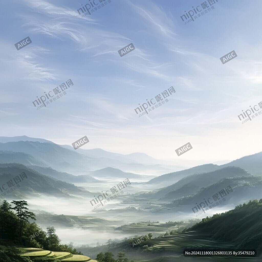 飘渺远山云雾风景画