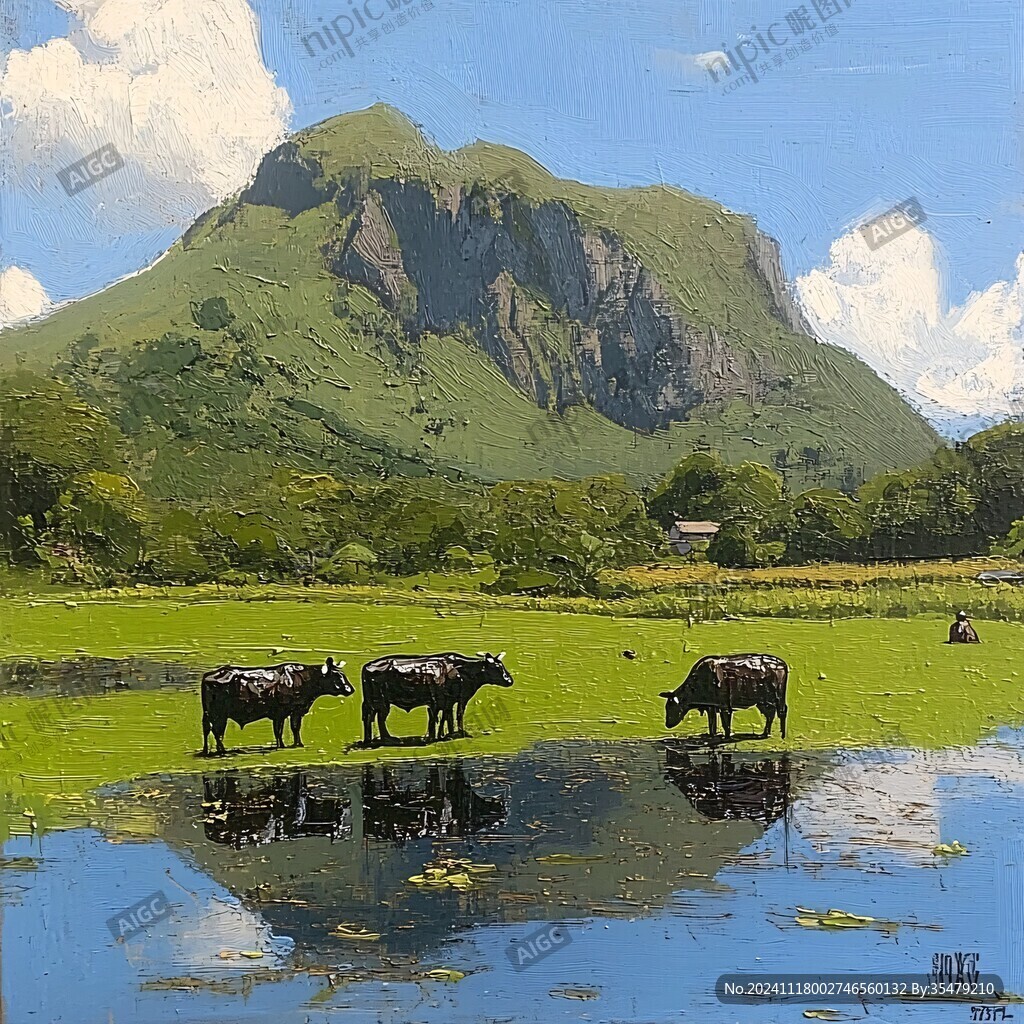 山坡牧牛风景画