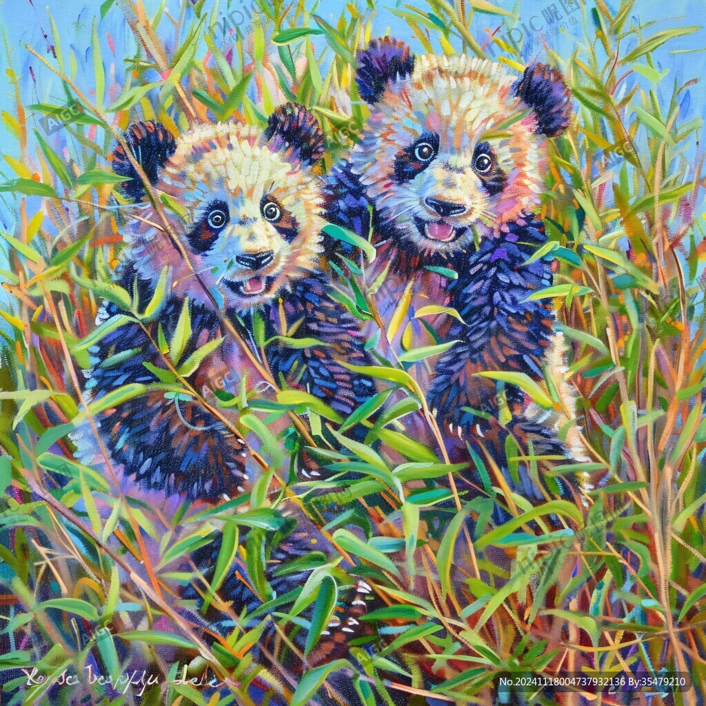 熊猫题材油画