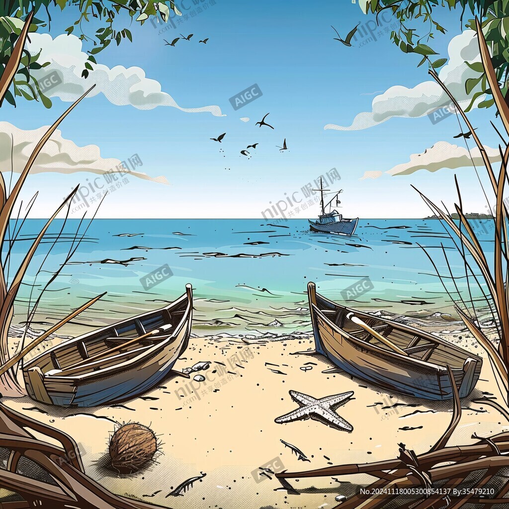 手绘海边渔场