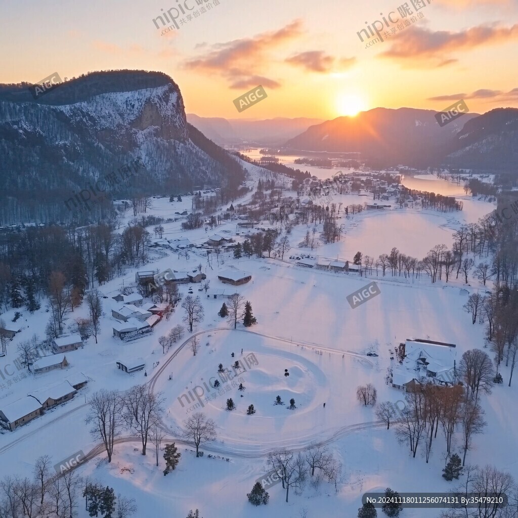 雪后乡村航拍日出