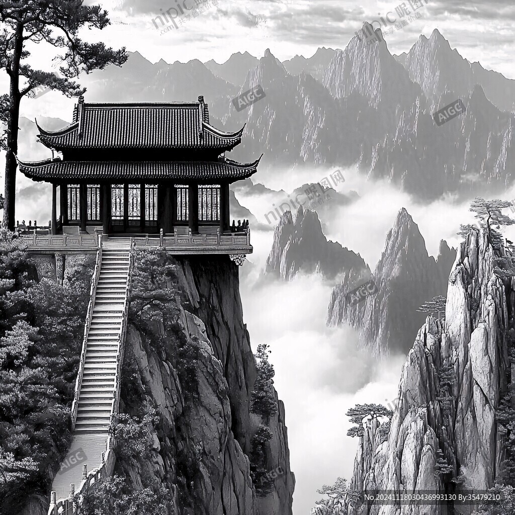 新中式楼阁山水