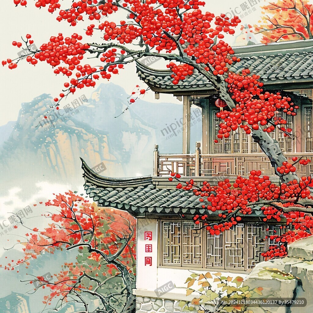 高端中式背景墙楼阁