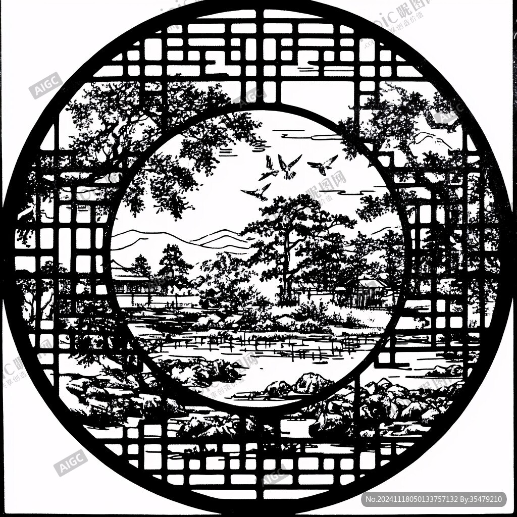 古风窗格山水画