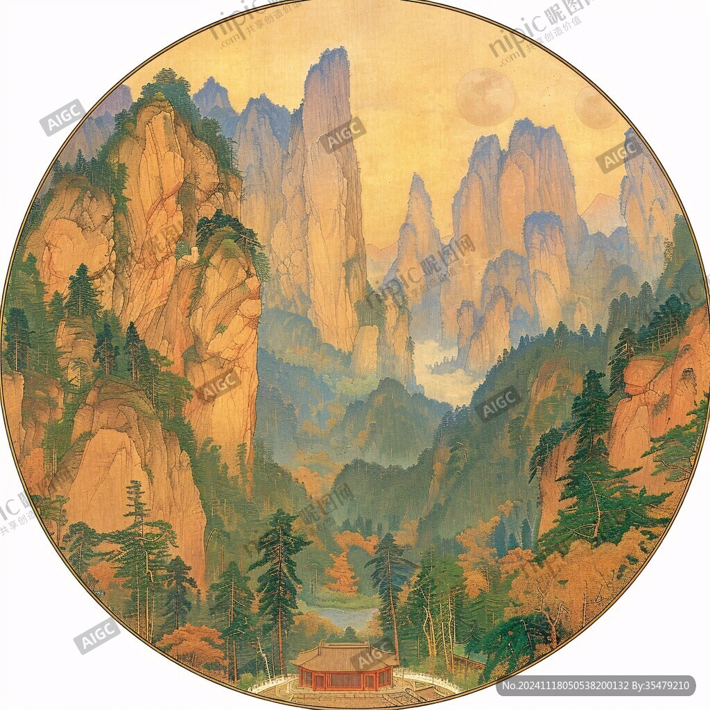 青绿金碧山水团扇画