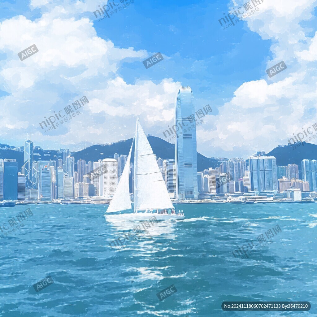 维多利亚港手绘插画