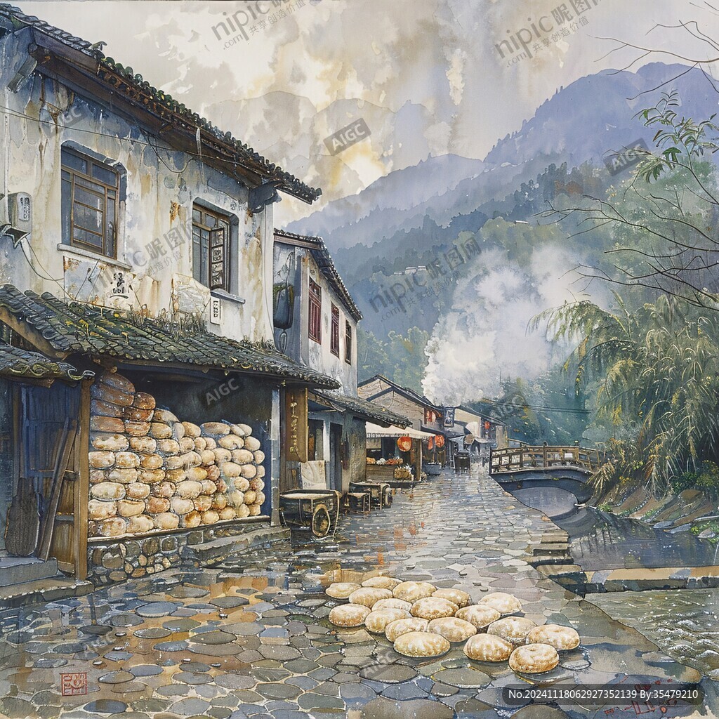 江南古镇油画效果