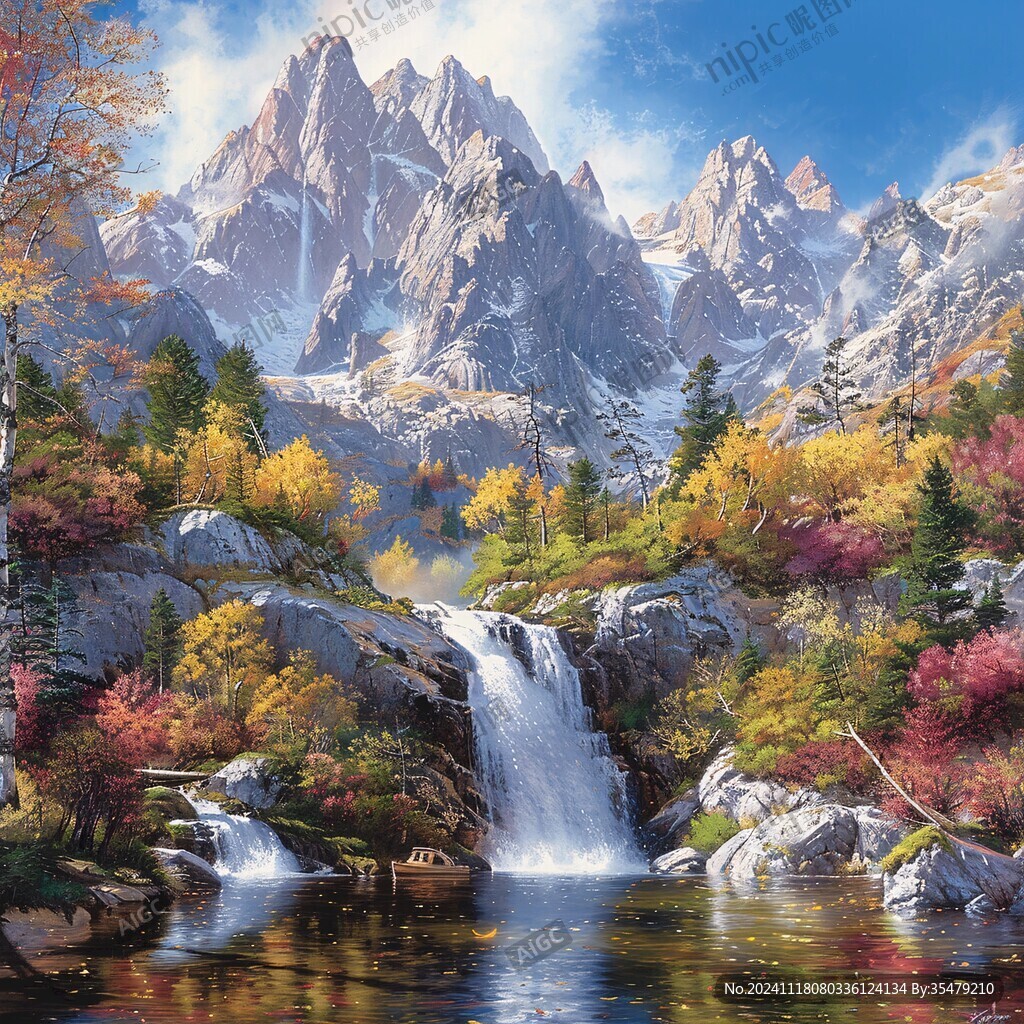 山水风景油画瀑布