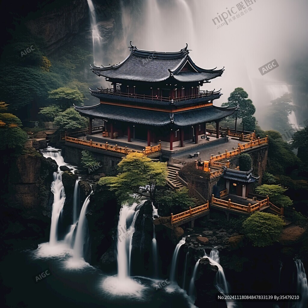 亭台楼阁流水瀑布
