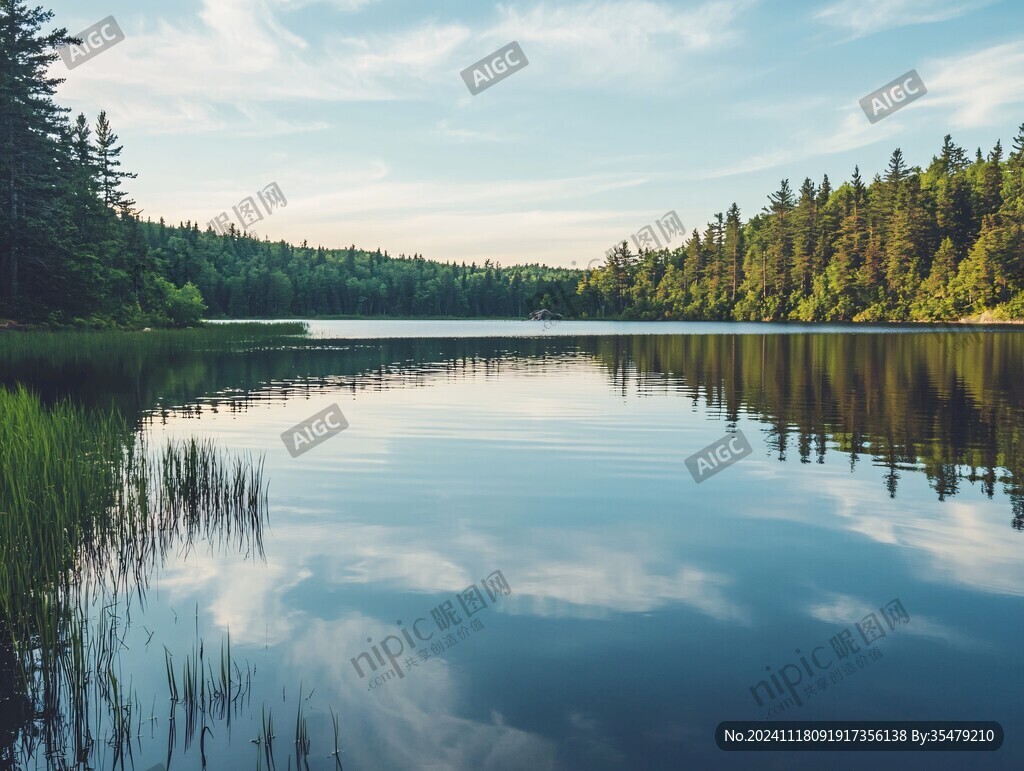 蓝天森林湖水