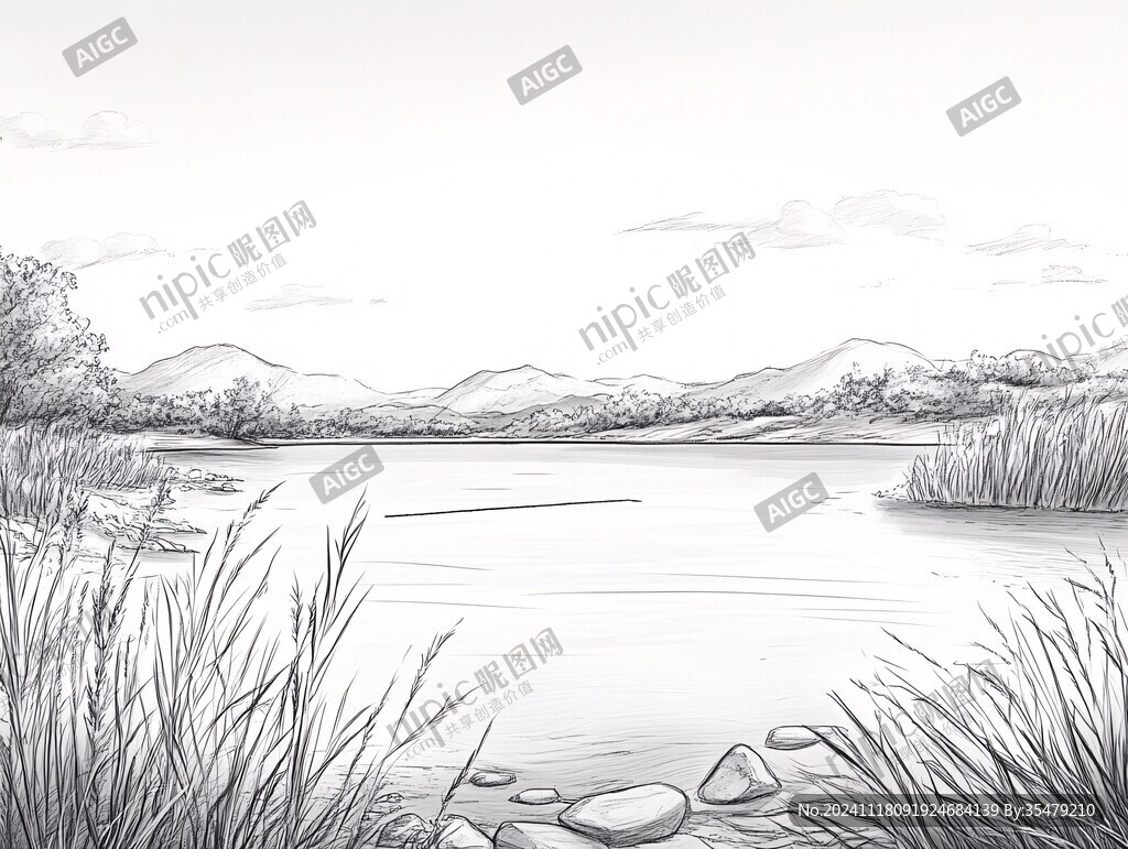 线描古风江景山水