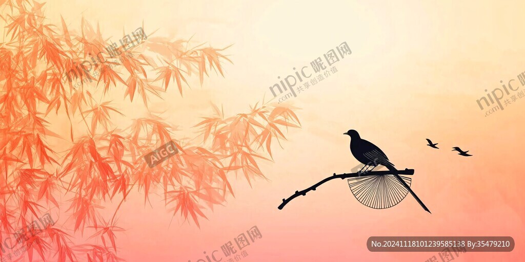 竹林飞鸟插画