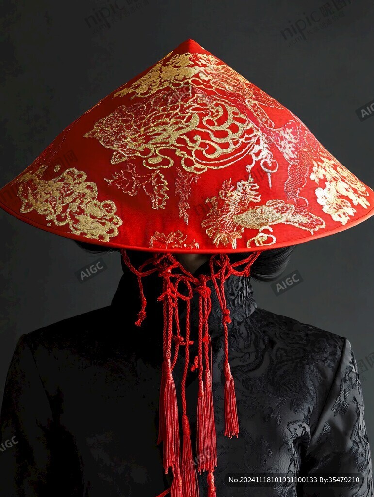红绒钉金绣花蝶风帽