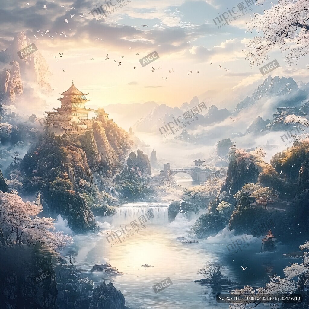 AI创作图山水楼阁雅致意境风 唯美古风场景 古风人物大场景 古风唯美场景 高清古风山水 古风场景概念图 古风仙境天上宫阙 仙侠场景 山水画合成 ...