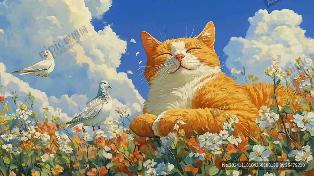 花丛边的猫咪插画