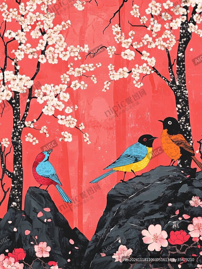 树枝上花丛中鸟语花香