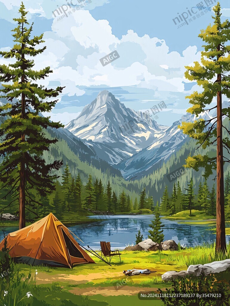 手绘山林露营地