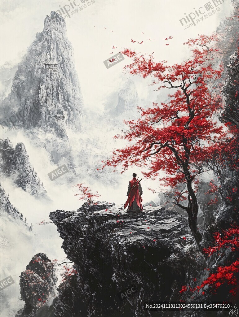 红叶古风山水画