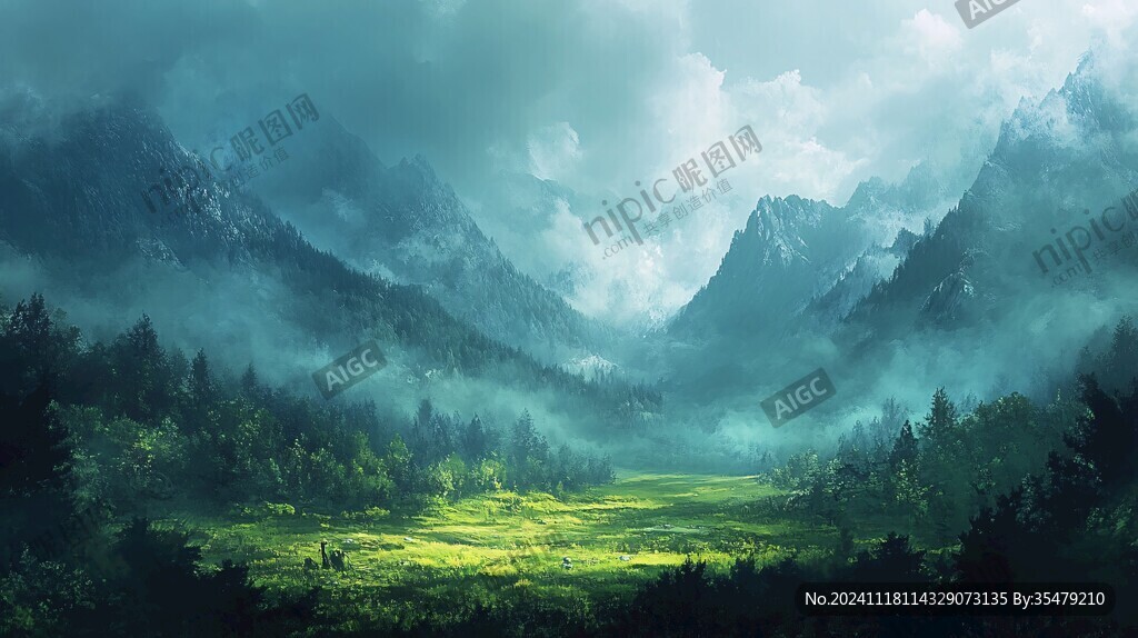 云雾缭绕高山森林草原