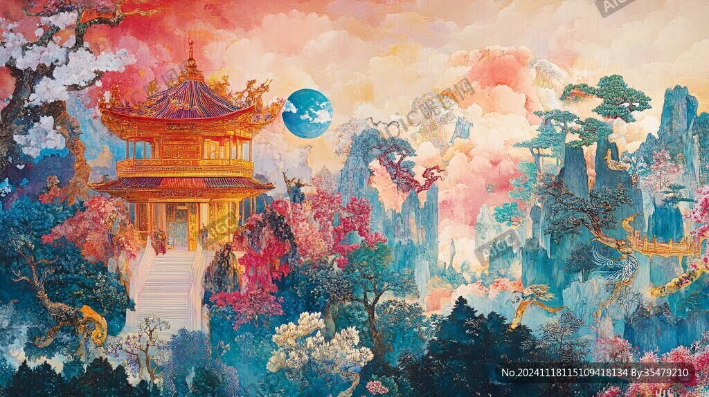 天界晓钟风景插画