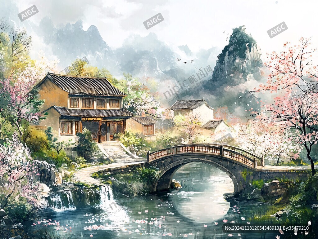 桃花源记古风山水插画