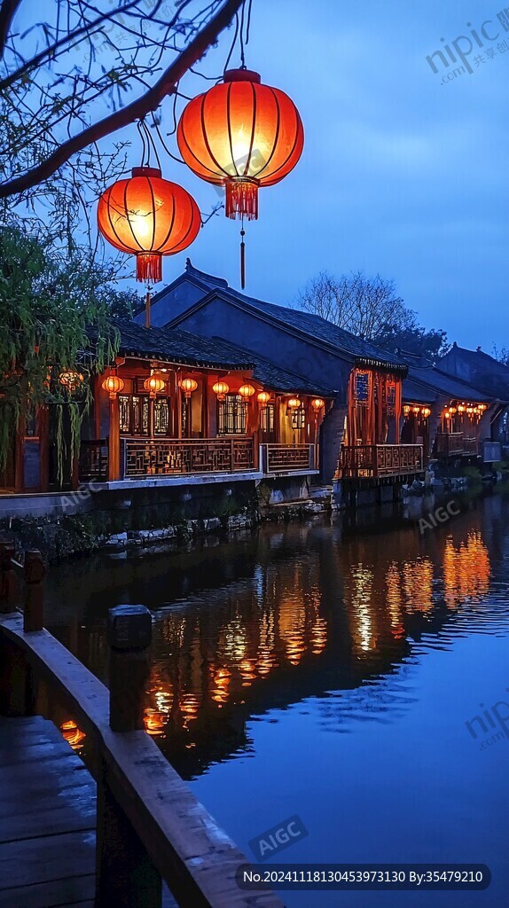 中式建筑水乡小村夜景