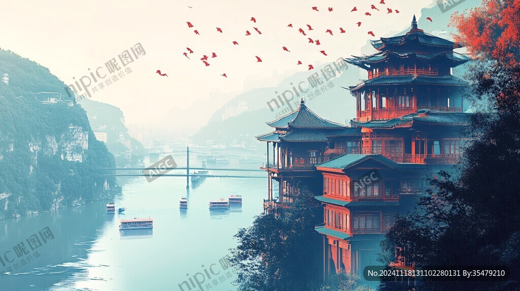 山水楼阁雅致意境风