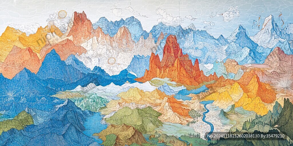 彩色水墨群山背景墙