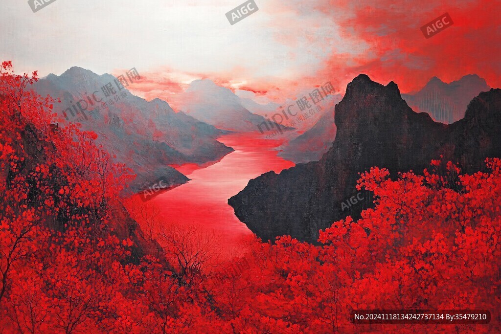 红色山水画