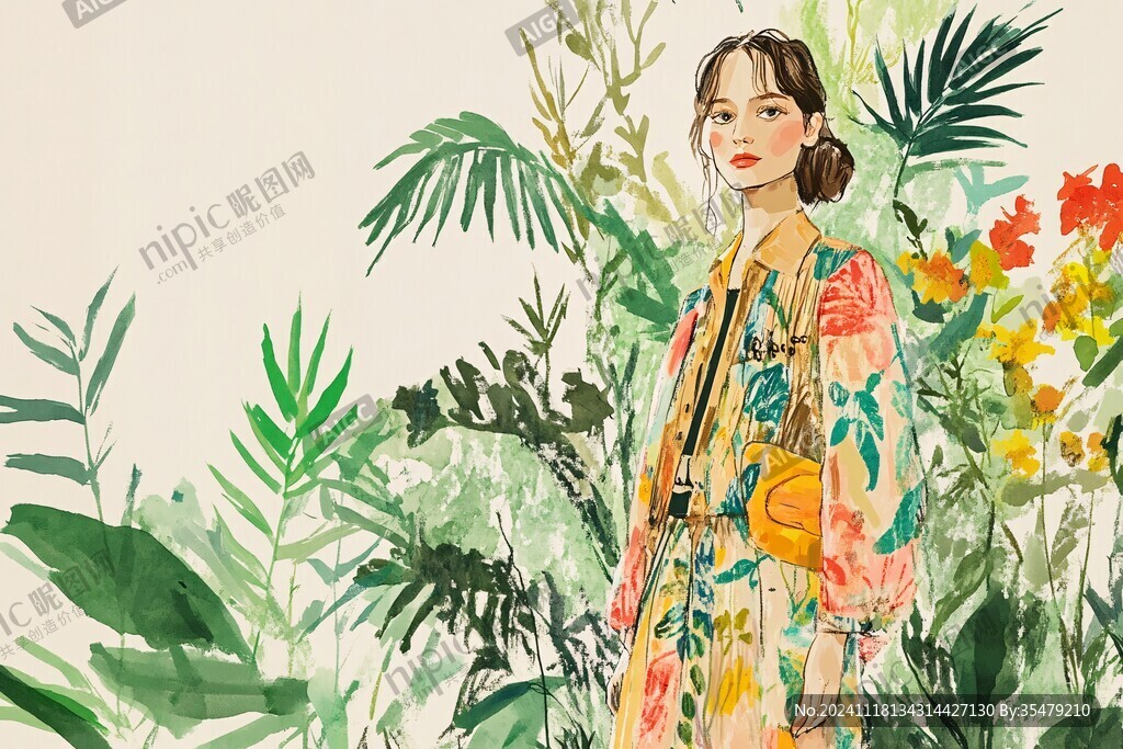 热带风少女图案设计