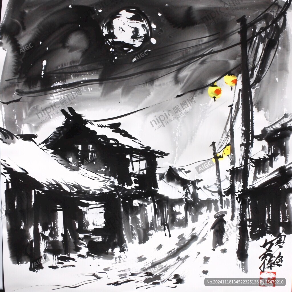 手绘山村雪景图