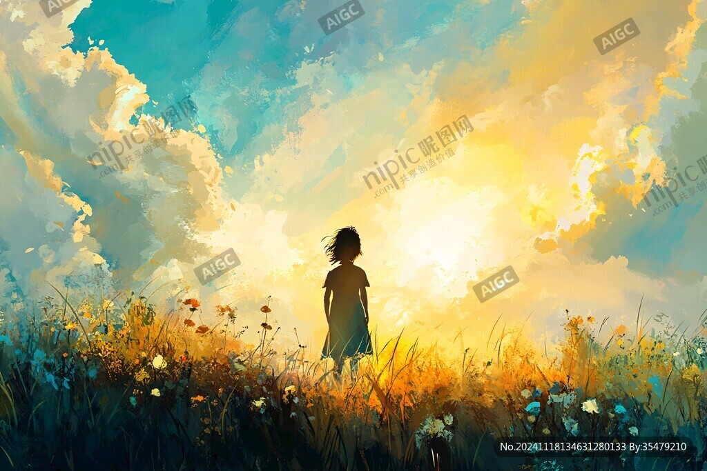 插画夕阳下