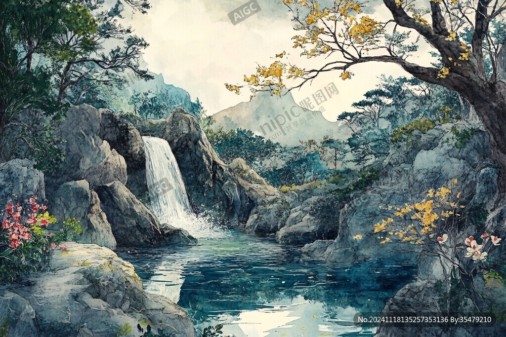 山水风景油画瀑布