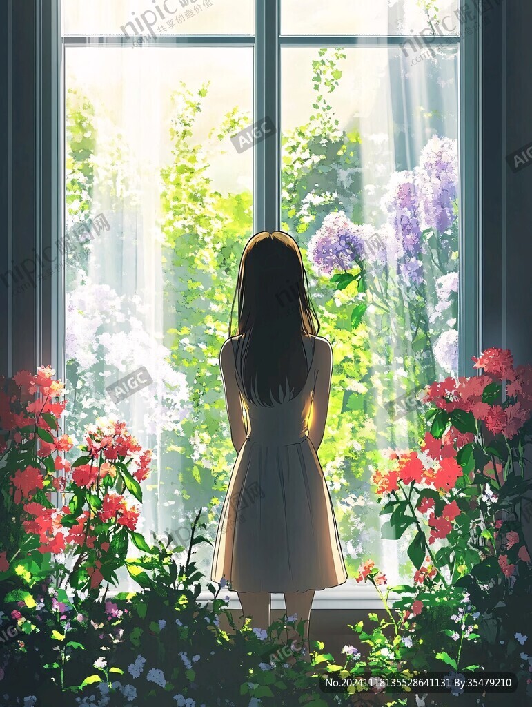 美人倚窗插画