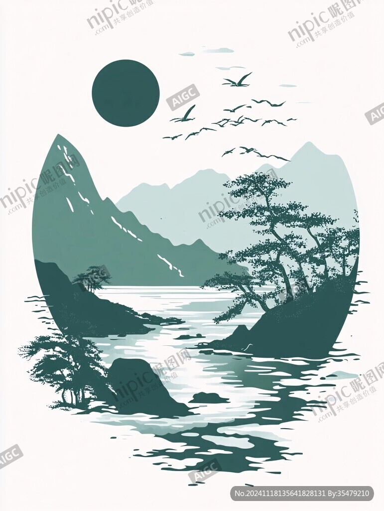 山水圆形插画