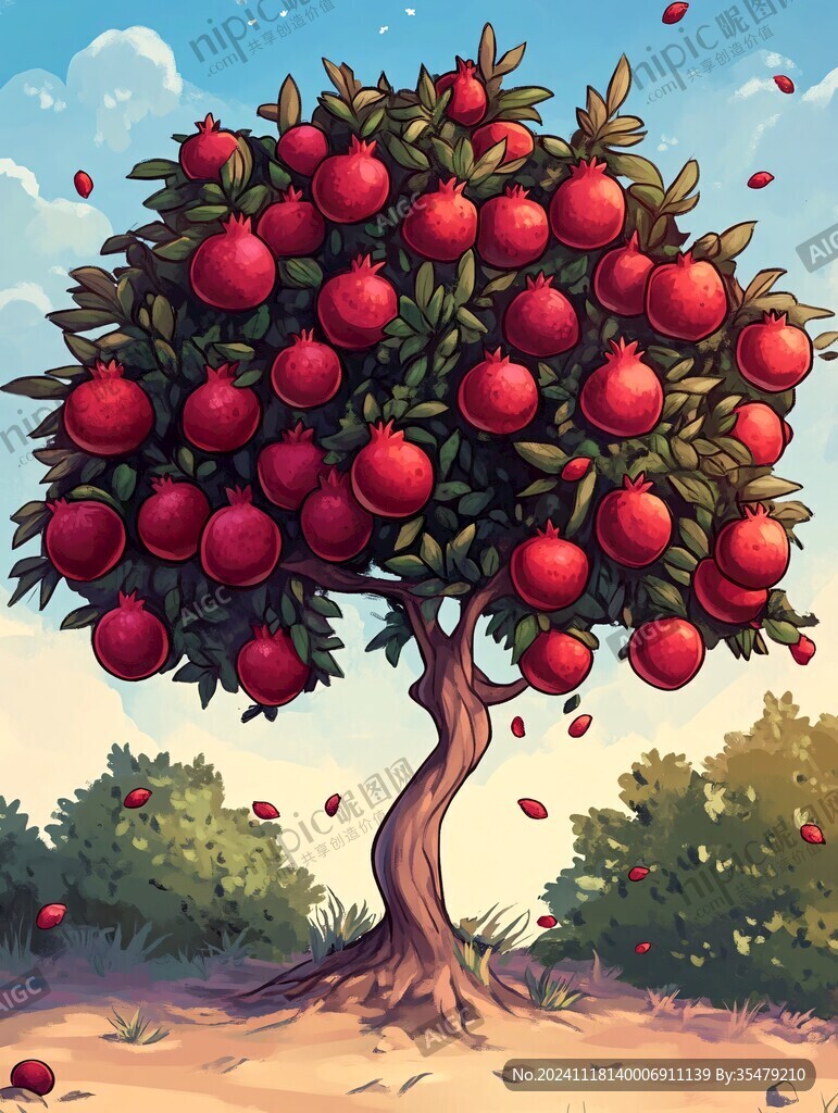 石榴插画石榴树