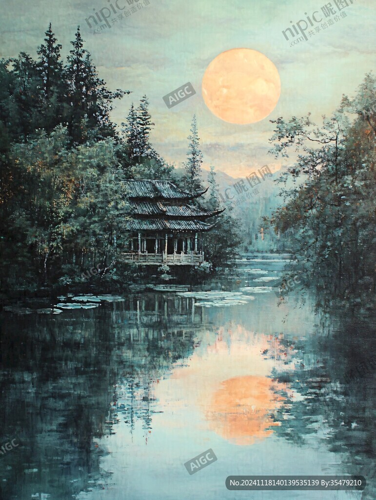 亭边赏月图
