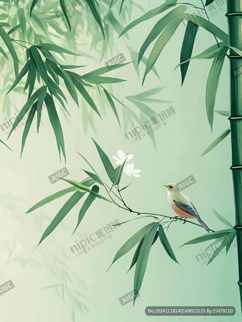 竹林飞鸟插画