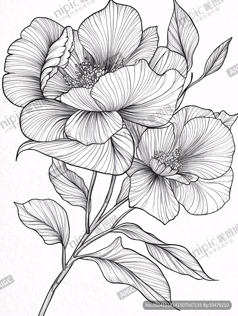 扶桑花朵手绘素描画