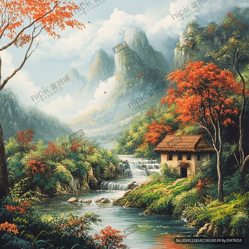 山水画油画手绘风景