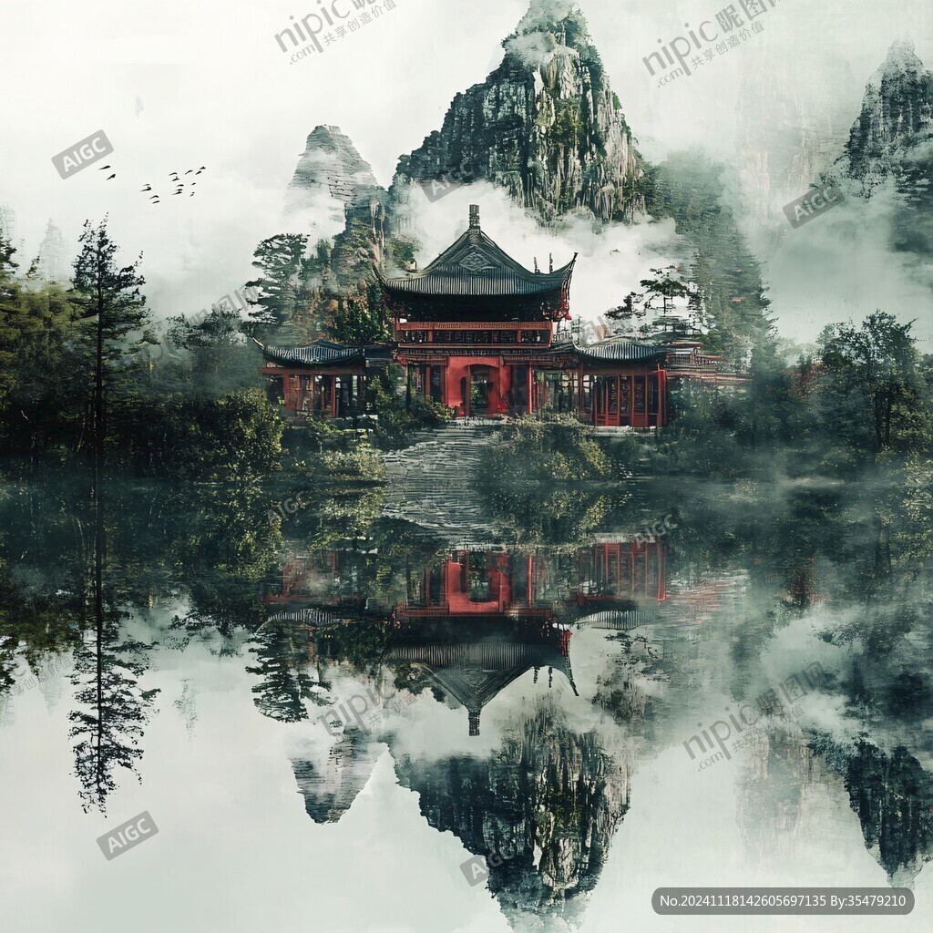 楼阁山水意境画
