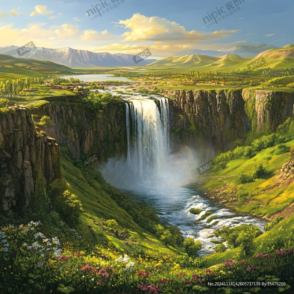 山水风景油画瀑布