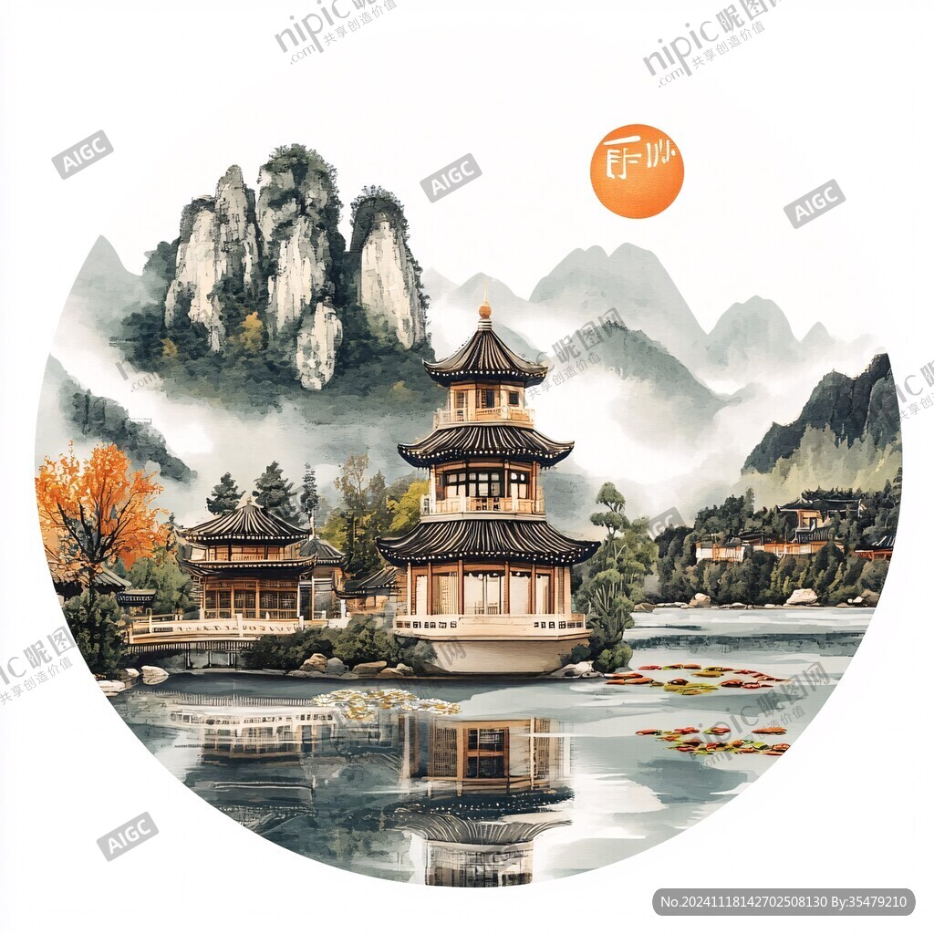 新中式山水描金楼阁画