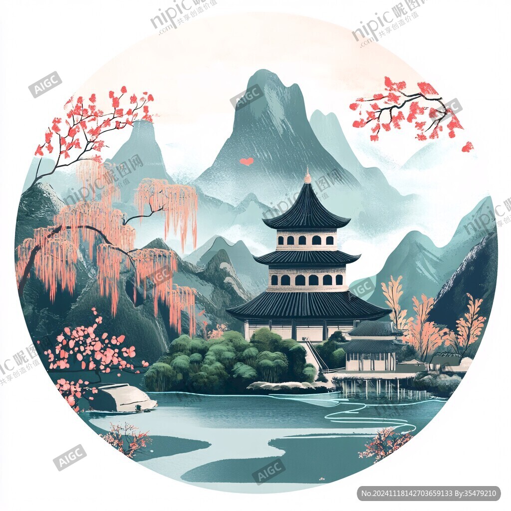 山水圆形插画
