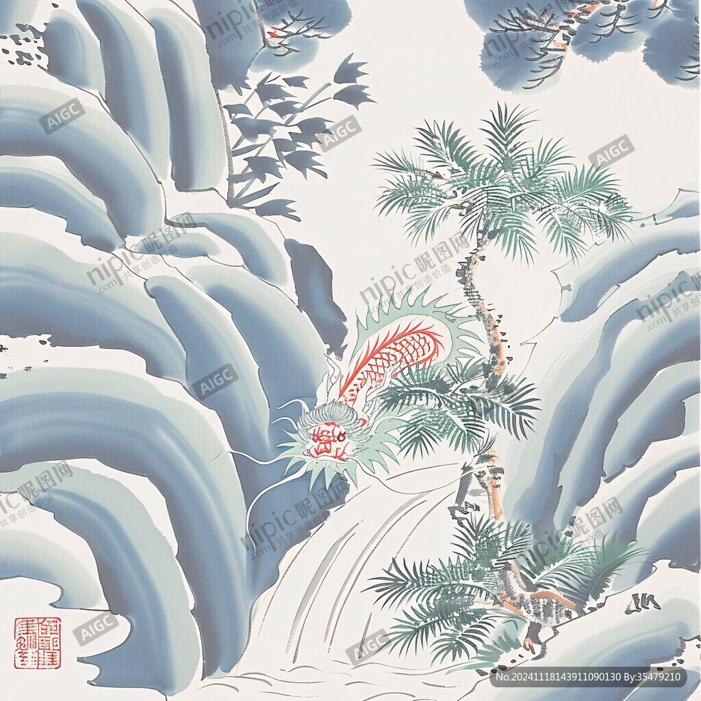 海浪仙鹤松树