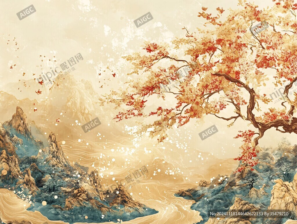 红叶古风山水画