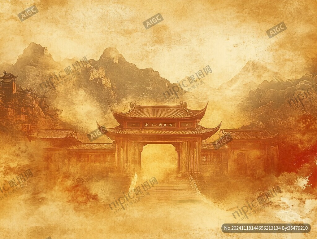 插画横店水彩水墨山水