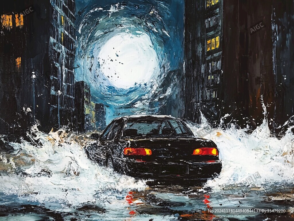 通过积水路的轿车