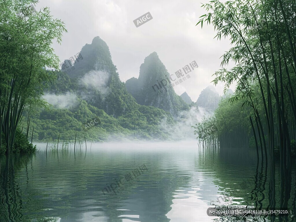 竹林河流山水